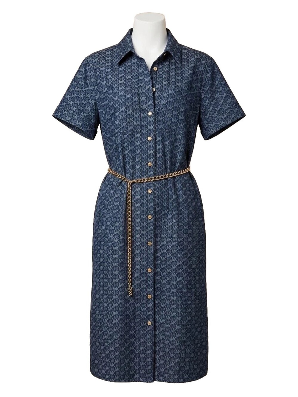 Michael Kors Navy Blue Denim Shirt Dress MK Logo Print Gold Chain Belt L EUC
